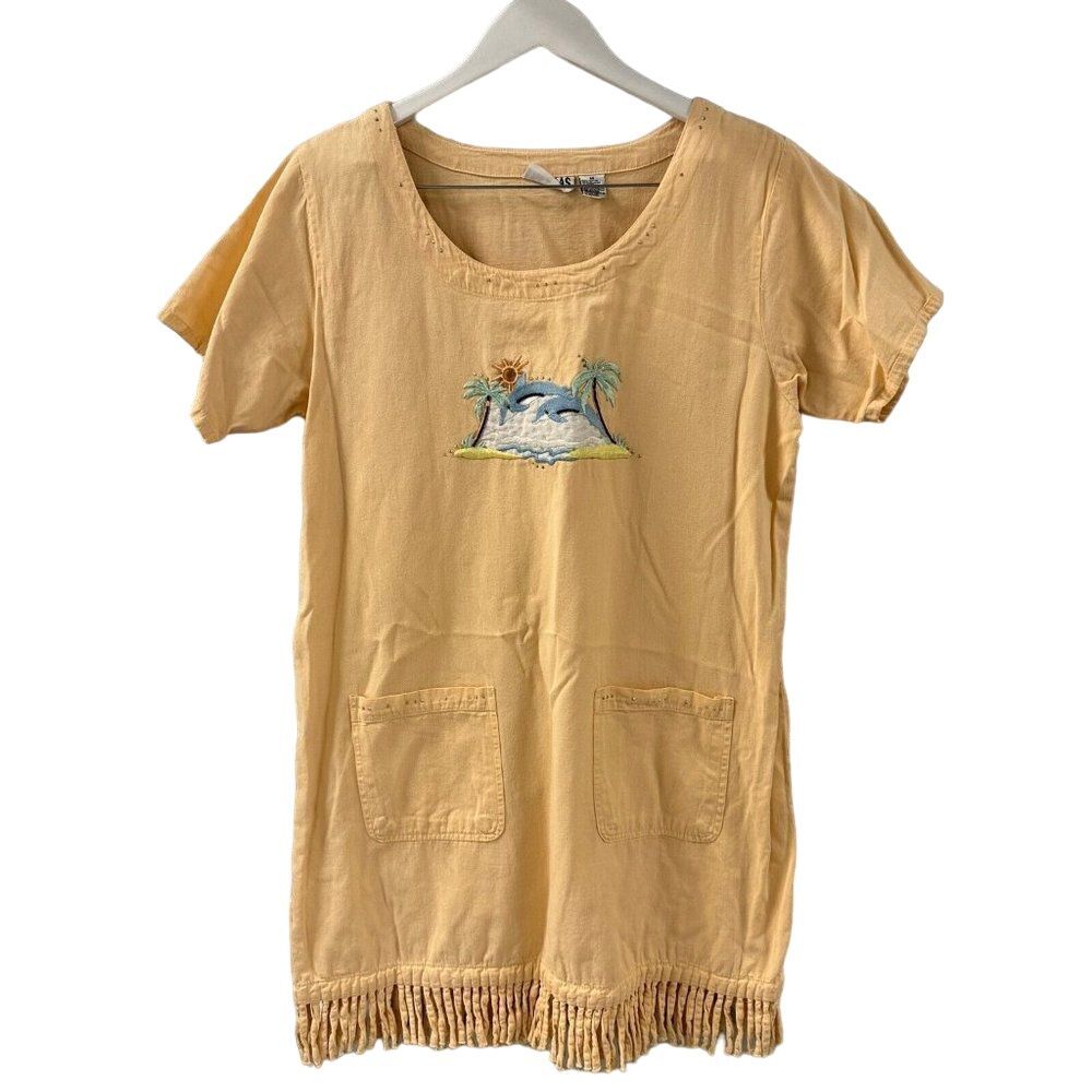 Vintage Las Olas‎ Fringe T-shirt Mini Cover Up  Dolphins Palms Sun M creamsicle